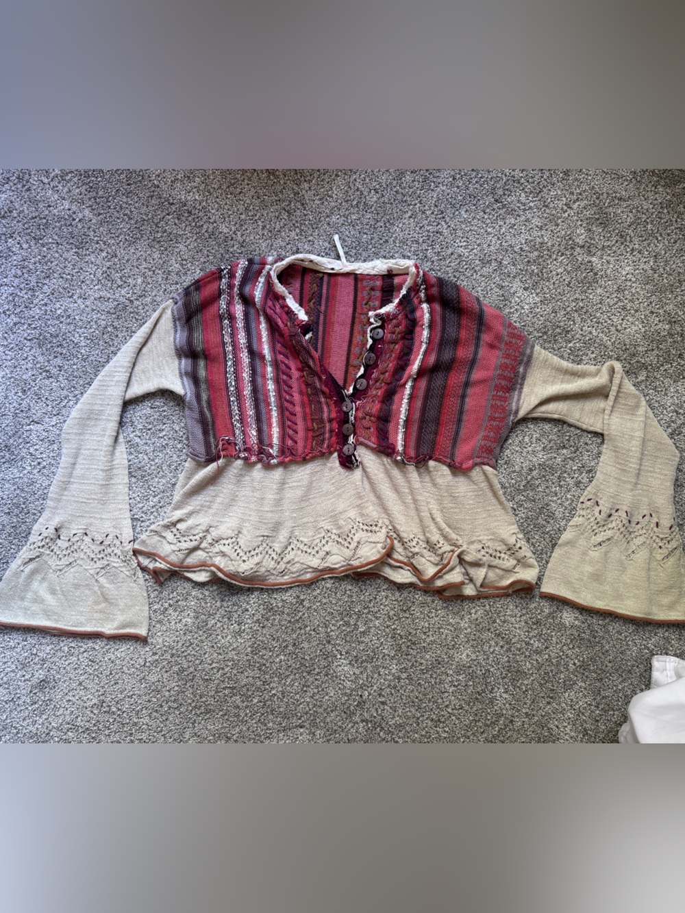 Free People Beige and Burgundy Striped Button Detail Knit Cardigan